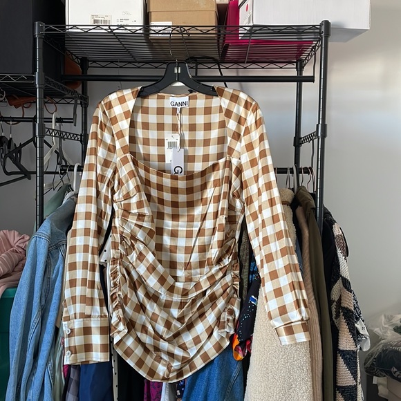 GANNI Silk Check Draped Blouse 10 - Picture 5 of 10